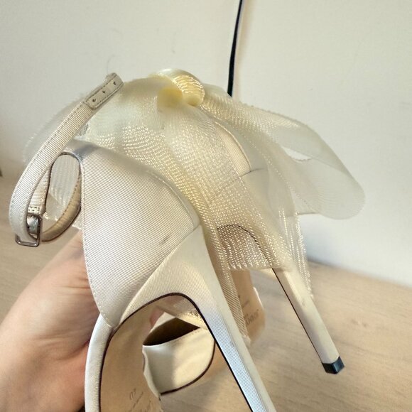 Jimmy Choo Averly 100 Satin Pumps Bow Mesh Detail Ankle Strap Stiletto Heels - Picture 9 of 13